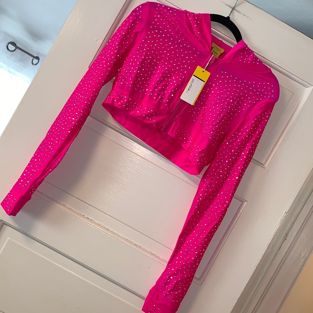 Large Daisy Fuchsia hot pink bling crop zip hoodie